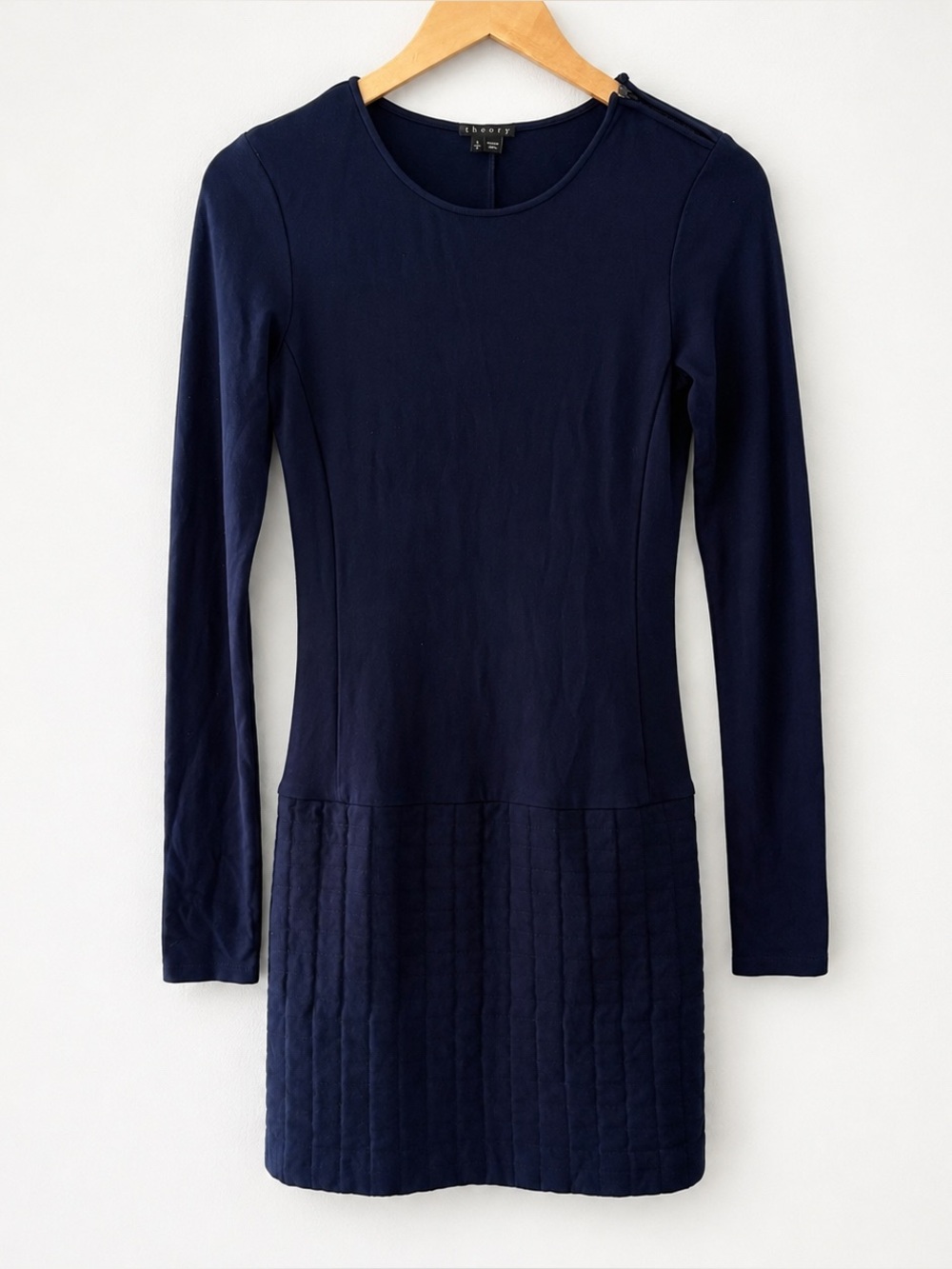 Theory Mimi Q Navy Blue Long Sleeve Sheath Dress Small Quilted Hem Stretch